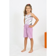 Moda Çizgi Kız Çocuk Ip Askılı Şortlu Penye Lila Pijama Takım 20430