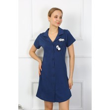 Moda Çizgi Kadın Pamuk Penye Kısa Kol Düğmeli Lacivert Tunik Gecelik 13109