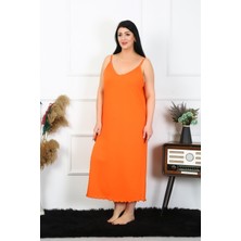 Moda Çizgi Kadın Büyük Beden Ip Askılı Pamuklu Turuncu Uzun Gecelik 12100