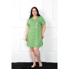 Moda Çizgi Büyük Beden Penye Düğmeli Yeşil Tunik Gecelik 1025