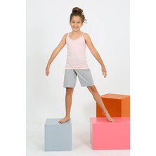 Moda Çizgi Kız Çocuk Ip Askılı Şortlu Penye Pembe Pijama Takım 20430