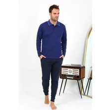 Moda Çizgi Erkek Polo Yaka Uzun Kol Penye Pijama Takımı Gri 6865