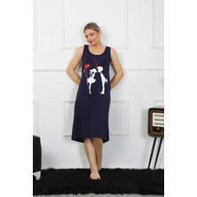 Moda Çizgi Kadın Kalın Askılı Penye Uzun Lacivert Gecelik 12001