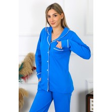 Moda Çizgi Kadın Pamuk Penye Önden Düğmeli Uzun Kol Saks Pijama Takım 2782