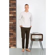 Moda Çizgi Erkek Penye Uzun Kol Pijama Takımı 6860 Ekru