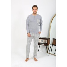 Moda Çizgi Erkek Uzun Kol Penye Gri Pijama Takımı 6861