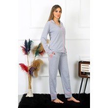 Moda Çizgi Kadın Pamuk Penye Önden Düğmeli Uzun Kol Gri Pijama Takım 2782