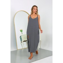 Moda Çizgi Kadın Büyük Beden Ip Askılı Pamuklu Uzun Gecelik 12107