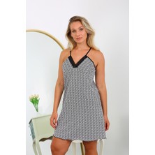 Moda Çizgi Kadın Pamuk Ip Askılı Desenli Büyük Beden Gecelik 999 Beyaz