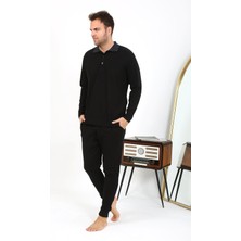 Moda Çizgi Erkek Polo Yaka Uzun Kol Penye Pijama Takımı Siyah 6864