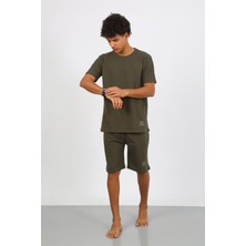 Moda Çizgi Erkek Pamuk Lakost Alt Üst Kaprili Pijama Takım Haki 6872