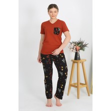 Moda Çizgi Kadın Kısa Kol Pamuk Penye Pijama Takım Kremit 4214