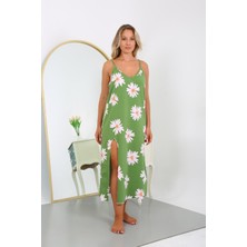 Moda Çizgi Kadın Büyük Beden Ip Askılı Pamuklu Uzun Gecelik 12104 Yeşil