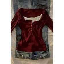 İsra Ayyıldız Moonstar Collection Bordo Henley Yaka Ekli Y2K Uzun Kollu Bluz