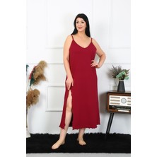 Moda Çizgi Kadın Büyük Beden Ip Askılı Pamuklu Bordo Uzun Gecelik 12100