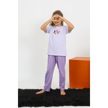 Moda Çizgi Kız Çocuk Kısa Kol Lila Penye Pijama Takım 20432