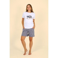 Moda Çizgi Kadın Şortlu Kısa Kol Penye Pijama Takımı Beyaz 3622