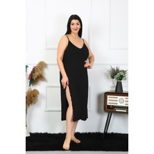 Moda Çizgi Kadın Büyük Beden Ip Askılı Pamuklu Siyah Uzun Gecelik 12100