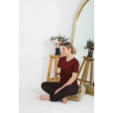 Moda Çizgi Kadın Kısa Kol Pamuk Penye Pijama Takım Bordo 4214
