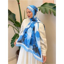 Moda Nuda Mira Ipek Retro Desen Pamuk Soft Şal Kadın Mavi Beyaz