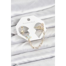 Skygo Yıldız Model Pirinç Gold Renk Zincir Bağlantılı Ear Cuff Küpe Seti TJ-BKP11545