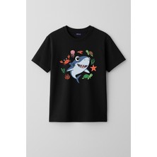Mixxi Fashion Sevimli Köpekbalığı Deniz  - Cute Shark Kısa Kollu Baskılı Unisex Çocuk Tişört (4-13 Yaş)