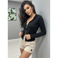 Polo State Kadın Kapüşonlu Çift Yönlü Açılabilir Fermuarlı Sweatshirt Siyah