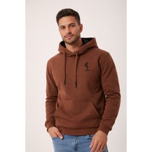 Polo State Erkek Kapüşonlu 3 İplik İçi Şardonlu Nakışlı Kahverengi Sweatshirt