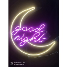 Good Night Yazılı Ay Işıgı Neon LED Duvar Dekoru | Pleksi Gece Lambası | El Yapımı Loş Işık Tasarımı