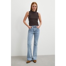 Never More Orta  Bel Likralı Ispanyol Paça Jean Buz Mavisi