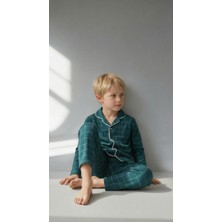 Vitmo Erkek Çocuk Uzun Kollu %100 Pamuklu Düğmeli Pijama Takımı Petrol Ekose