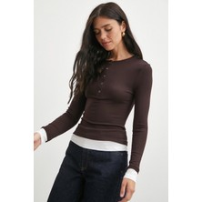 Never More Garnili Çıtçıtlı Bluz Kahve