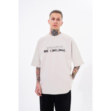 Machinist Erkek Be Original Baskılı Yıkamalı Oversize Tişört Açık Bej Efektli