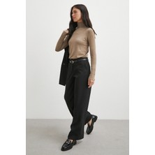 Never More Yüksek Bel Paça Detaylı Kemerli Pantolon Siyah