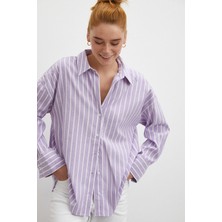 Never More Uzun Kollu Çizgili Gömlek Lila