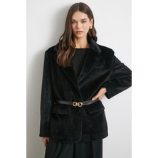 Never More Kemerli Tay Flock Ceket Siyah