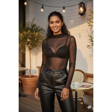 Polo State Kadın Siyah Transparan Uzun Kollu Iç Gösteren Likralı Tül Bluz