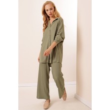 Hiccup Kadın Bdart Düğmeli Uzun Kollu Gömlek & Pantolon Örme Takım Çam Yeşili
