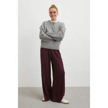 Never More Çizgi Detaylı Geniş Paça Beli Lastikli Pantolon Bordo