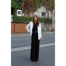 Never More Kemerli Tay Flock Ceket Beyaz