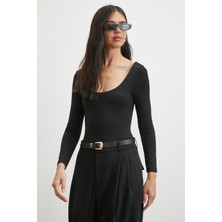 Never More U Yaka Uzun Kollu Çıtçıtlı Bodysuit Siyah