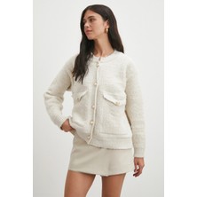 Never More Cepli Düğmeli Simli Hırka Ekru