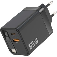 Zoli 65W Hızlı Şarj Cihazı Dahili Makaralı Çek Bırak Sistem Type-C Kablolu ve Type-C + Usb-A Çıkış,seyahat Tipi Şarj