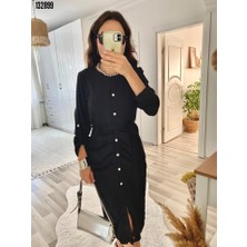 Martcini Kadın Uzun Kollu Önden Düğmeli Beli Kuşaklı Aerobin Midi Elbise 2xl-3xl-Siyah