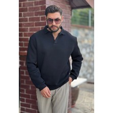 Guaraz Erkek Siyah Polo Yakalı Pamuklu Yumuşak Kalın Kumaşlı Oversize Sweatshirt