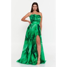 Şeref Vural Kadın Çiçek Desenli Straplez Şifon Uzun Abiye Elbise 8390 Yeşil