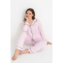 Frozen Dofi Kadın Açık Pembe Puantiyeli Pijama Takımı – Uzun Kollu, Düğmeli