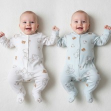 Milays Haki ve Ekru Erkek Bebek Ayıcık Desenli 2li Tulum Takımı Yenidoğan