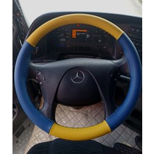 Hasbay Dikişli Direksiyon Kılıfı Sari / Mavi Deri Siyah Dikişli Mercedes Kamyon Otobüs Bu Direksiyona