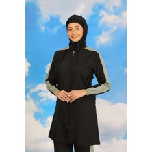 Moda Çizgi Kadın Pantolonlu Kolu Şeritli Tam Tesettür Mayo Siyah 31066